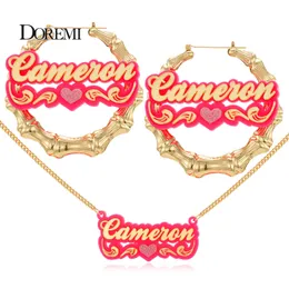 Wedding Jewelry Sets DOREMI ONE Set Customized Words Name Stainless Bamboo Hoop Earrings Acrylic Necklace Jewelry Set Personalized Letters With Heart 230630