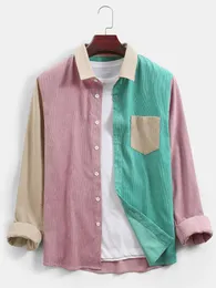 Herrpolos charmkpr 2023 män skjorta sommar höst corduroy colorblock lapptäcke casual bröstficka lång ärm tröjor toppar kemiser kamisor 230630