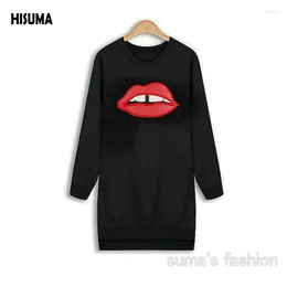 Women's Hoodies HISUMA 2023 Spring Big Lips Loose Embroidery Leather Long Basic Hip-hop Sweatshirts Women Sweatshirt Female Blouse