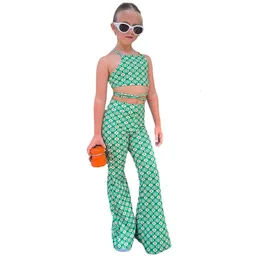 Clothing Sets Kids Baby Girls Green Summer Clothes 2pcs set Sleeveless Belt Tops Flared Pants Young Children s Fashion Suits 8Y 230630