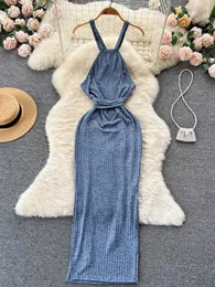 Lässige Kleider, schicke europäische Mode, rückenfreie Hosen, Sommer, ärmellos, seitlich gespalten, blaues Kleid für Damen, Vesidos P230606