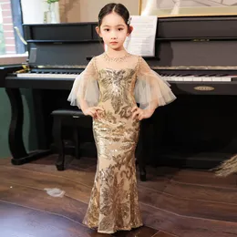 Flickor klänningar lyxiga gyllene pärlor sjöjungfru prinsessan blomma flicka klänning baby barn bröllop fest kostymer första comunion vestido de 230630