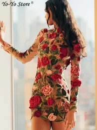 Grundläggande casual klänningar tryck blommor broderi miniklänning kvinnor halv krage lång ärm höftpaket klänningar kvinnliga höst elegant lady vestidos 230630