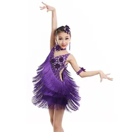 Сценическая одежда Детское детское профессиональное платье для латинских танцев для девочек Платья для бальных танцев Детские красные блестки с бахромой Salsa Tasse309S