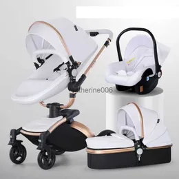 Bebek Arabası 3 in 1 Lüks Pram Yenidoğan Arabası Için PU deri Yüksek Peyzaj arabası araba 360 dönen bebek Puset kabuk L230625