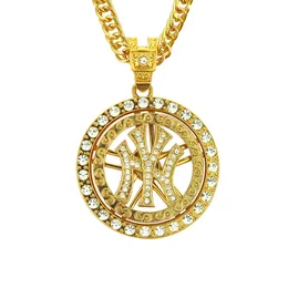 Hip Hop Rapper glänzende Diamant-Anhänger-Goldhalskette, kreativ, kreisförmiges Symbol, voller Zirkon-Anhänger, Kupfer-Mikro-Zirkon-Schmuck, 75 cm Halskette 1378