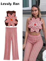 Women's Tracksuits Fashion Hook Flower Hollow Knitted Long Pant Set Retro Cropped Tank Vest Pants Two Pieces Female High Street Outifit 230630