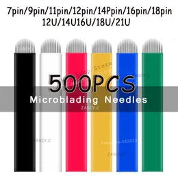 Dövme İğneleri 500 Adet Microblading İğneleri U Şekli 12/14/19 Pins Kalıcı Makyaj Kaş Dövme Bıçakları 3D Nakış için Manuel Dövme Kalemi 230630