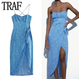 Urban Sexy Dresses Traf Blue Print Corset Dress Woman Knot Backless Midi Slip Women Summer Long For Evening Party 230630