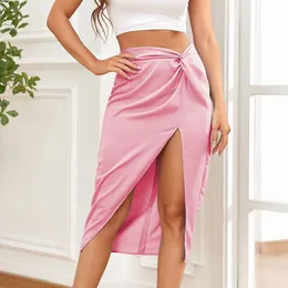 Tweedelige jurk Amandina Luxe lichtgewicht stropdas knoop hoge split zijde satijn midi rok 230701