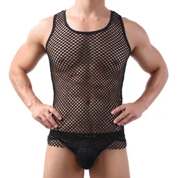 Men's Tank Tops Fashion Breathable Sexy Black White Fishnet Transparent Vest Net Mesh Gay SeeThru Lounge Funny Shirt Undershirt 230630