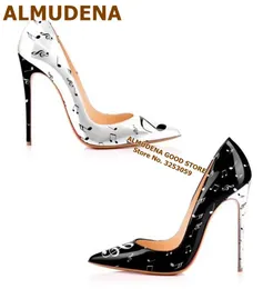 Sandals Almudena Music Notes Pirnted High Heels White Black Color Patchwork Dress Shoes Pointed Toe Patent Leather Wedding Pumps 12cm