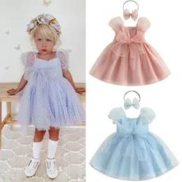 Flickas klänningar fokusnorm 3 färger prinsessan små flickor boho klänning 0 5y polka dot puff hylsa blommor lager mesh tutu bowknot puff