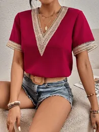 女性用ブラウスシャツとシャツホローアウトVネック2023夏のブラウスパッチワーク短袖