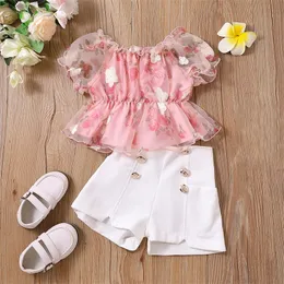 Kläder set ma baby 2 8y småbarn spädbarn barn baby flicka kläder spets blommor puff hylsa t shirt knapp shorts barn sommarkläder d06 230630