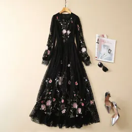 2023 Summer Autumn Black Floral Lace Brodery Dress Long Sleeve Round Neck Sequins Long Maxi Casual Dresses A3L201537