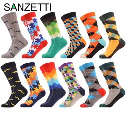 SANZETTI 12 زوجًا الكثير مضحك عارضة Chaussette أوم طاقم الماس Argyle الملونة الرجال فستان الجوارب بتمشيط القطن Happy Socks2780