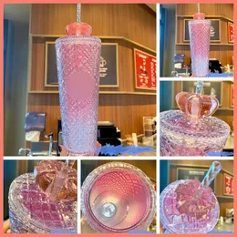 Bottiglie d'acqua Diamond Radiant Goddess Cup Bicchiere estivo con cannuccia Doppio strato in plastica Durian Tazza da caffè Fish Scale 230701