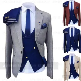 Mäns kostymer blazers mode bröllop kostym för män grå kappa blå väst byxa skräddarsydd plus size man formell smoking trajes de hombre dräkt homme 230630