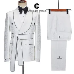 Men's Suits Blazers Cenne Des Graoom 2023 Wedding for Men White Jacquard Double Breasted Shawl Lapel Tuxedo Jacket 2 Pieces With Belt 230630