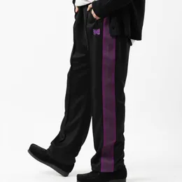 Męskie spodnie 2023 Mężczyźni Kobiety 1 Purple Pasping Striped Haftle Igle Igły Ścieżki Awge Spodnie Elastyczne talia 230630