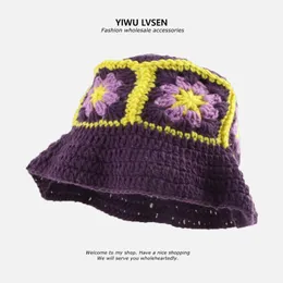 한국어 레트로 중공 꽃 크로 셰 뜨개질 양동이 모자 여성 면화 수제 니트 어부 모자 귀여운 얼굴 작은 양모 모자 가을 겨울