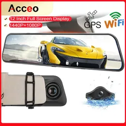 DVRs ACCEO A38Plus 12 인치 미러 터치 스크린 비디오 레코더 대시 캠 자동차 자동차 DVR RearView 카메라 자동차 블랙 boxHKD230701