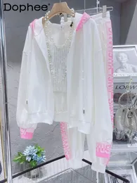 Kvinnors spårviter White Suit Women Tracksuit Loose Korean Fashion Pink Diamond Sweatshirt dragkedja Cardigan Coat Jacket Casual Pants Two Piece Set 230630