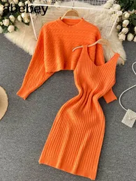 Элегантный тонкий комплект из двух предметов, женский свитер, осенне-зимний вязаный ансамбль с высокой талией, женские вечерние платья средней длины 230630