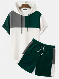 Men's Tracksuits CharmkpR Handsome Men Knitting Color Block Patchwork Sets Casual Male Loose Short Sleeve Hooded Shorts Two piece S 2XL 230630