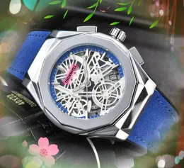 Populaire mannen kijken volledige functie stopwatch klok man lederen band luxe quartz uurwerk kalender holle Iced Out skelet sport armband horloges geschenken