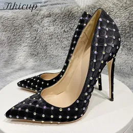 부츠 Tikicup 라인톤 여성 검은 격자 무늬 패브릭 뾰족한 발가락 하이힐 신발 멋진 파티 스틸레토 펌프 8cm 10cm 12cm 사용자 정의 가능
