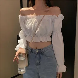 Koszula damska topa seksowna bluzka z ramię w klubie z długim rękawem biała koszula zaciąganie ruff letnia rurka 230630