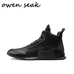 Stövlar owen Seak Men casual skor Hightop fotled plysch stövlar äkta läder sneaker tränare zip vinter platta svarta skor