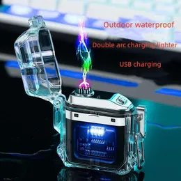 USB Elektrische Leichter Outdoor Wasserdicht Winddicht Feuerzeuge Doppel Arc Lade Transparent Shell Geschenk Für Männer DX65