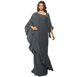 Szara sukienki wieczorne syreny na jedno ramię z Cape Szyfonem Train Vestidos de Noche Plus Size 326 326