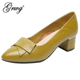 أحذية Grwg Brand Shoes سميكة الكعب السيدات مضخات جلدية أصلية مدببة إصبع القدم ملونة الكعب المربع الحفل اليدوي أحذية كبيرة الحجم