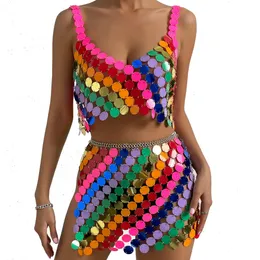 Другие модные аксессуары IngeSight.Z Sexy Colorful Disc Sequins Bra Body Chain for Women Fashion Hollow Out Top Юбка Festival Rave Party Украшения для тела 230630