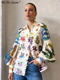 Women's Blouses Shirts Casual Print Shirt Lantern Sleeve Single Breasted Turn down Collar Female 2023 Fashion Cartoon Lady Top Street 230630