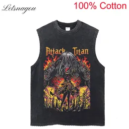 Topy z czołgami męskimi Anime na Titan Top Vest Men Retro Black 100 Botton Summer Hajuku Hip Hop Męskie rękawy Tshirts 230630