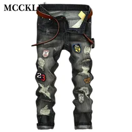 Whole- MCCKLE New Fashion Distressed Mens Jeans Pants Vintage Grey Patches Skinny Trousers Hi Street Holes Denim Biker Jeans M2725
