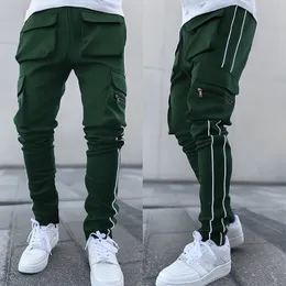 Designer lastbyxor män avslappnad flerficka sträcka reflekterande strip rak sport fitness joggers byxor mens mode hip hop streetwear svettbyxor