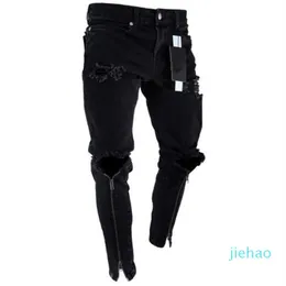 Fashion- Mens Zipper Holes Designer Jeans Noir Ripped Slim Fit Represen Crayon Pantalon Multi Style3074