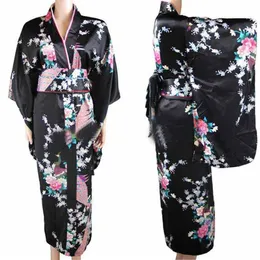 エスニック服到着黒ヴィンテージの日本人女性の着物haori Yukata Silk Satin Dress Mujeres Quimono Peafowl One Size 291K