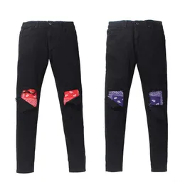 Men's Jeans Washed hole cat beard patchwork cashew nut purple red amoeba jeans slim fit micro elastic jeans298g