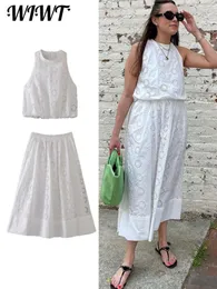 Vestido de duas peças mulheres branco bordado saias define verão causal oco sem mangas oneck tops cintura elástica aline midi terno 230630