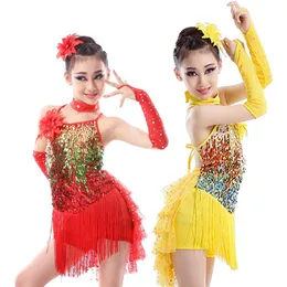 Scene Wear Girls Salsa Fringe Kids Dance Costume Sequin Dress Children's Children's Sequined Red Gold kjol Ballroom263f