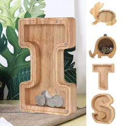 Novelty Items Twenty six Letter Wooden Piggy Bank Coin Money Solid Wood Saving Box Coins Storage Desktop Ornament Decor Crafts Christmas Gifts 230701