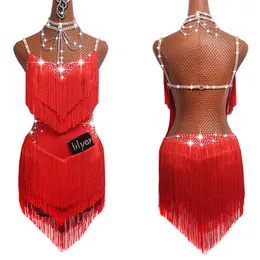 Blowly Rhinestones Latin Dance Dresss for Women S-L Red Sexy Salsa Fringe Spódnica wieczorowa suknia balowa Ubrania 288c