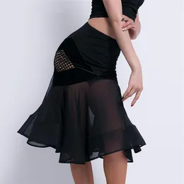Saia de dança latina para mulheres adulto malha preta sexy roupas de prática latina rumba tango samba salsa dança de salão fantasias vo6552779